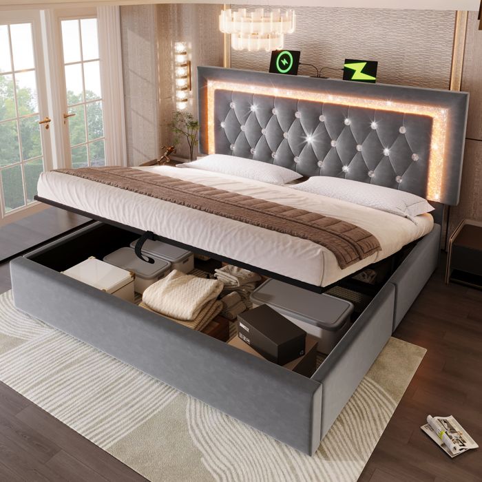 Lit Coffre Double 180x200 cm  Lit avec LED Diamant USB Station de Charge TypeC et Sommier à Lattes Velours Gris  Sans Matelas