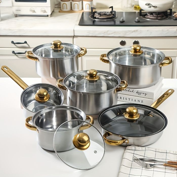 Ensemble de Casseroles et Poêles en Acier Inoxydable 6pcs Set de Batterie de Cuisine Antiadhésif Compatible Induction Électrique Gaz Ensemble de Casseroles et Poêles en Acier Inoxydable 6pcs Set de Batterie de Cuisine Antiadhésif Compatible Induction Électrique Gaz