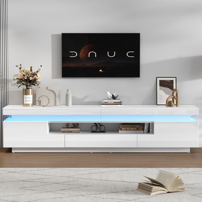 Meuble TV blanc brillant avec LED 2 placards en L 1 tiroir et rangement semi-ouvert