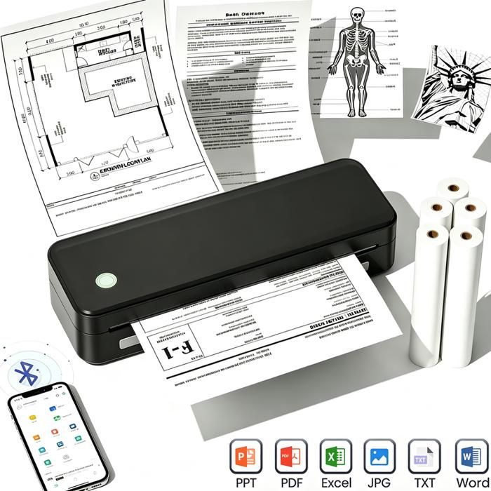 Imprimante thermique portable sans encre – Bluetooth – A4 (56‑216 mm) - Lot 5 rouleaux – Imprimante compacte Noir