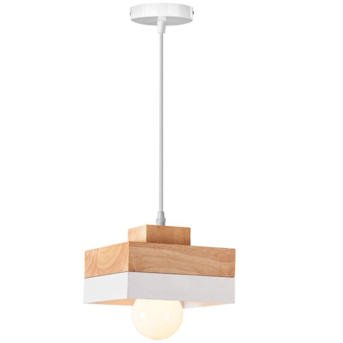 iDEGU Suspension Lustre Moderneen Carre E27 Lampe de Plafond Vintage Abat-jour en Bois Metal Lustre Suspension Industriel 18x18cm