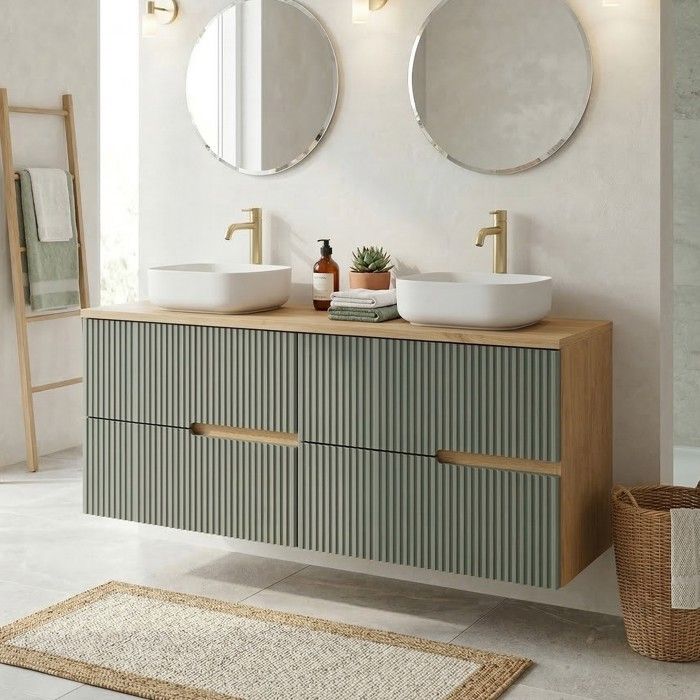 Meuble double vasque à poser L. 120 cm Chêne naturel 4 tiroirs Vert sauge cannelé EVA - sans colonne Meuble double vasque à poser L. 120 cm Chêne naturel 4 tiroirs Vert sauge cannelé EVA - sans colonne