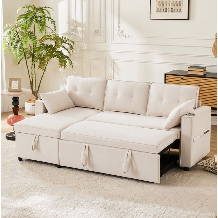 Canapé convertible 3 places avec coffre de rangement méridienne réversible coton lin beige