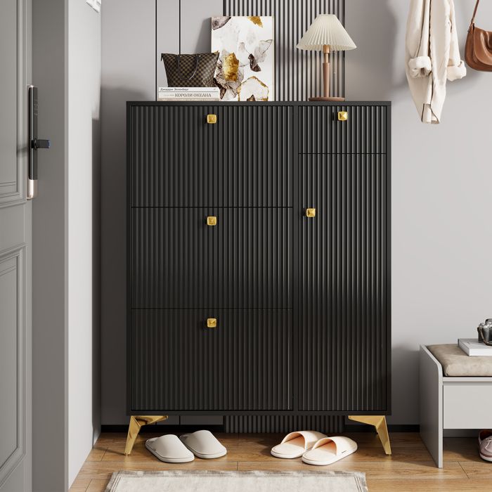 Meuble à Chaussures 90 x 25 x 121 cm avec 3 Abattants 1 Tiroir et 1 Porte Range-Chaussures Étroit Moderne Noir Meuble à Chaussures 90 x 25 x 121 cm avec 3 Abattants 1 Tiroir et 1 Porte Range-Chaussures Étroit Moderne Noir