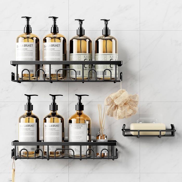Étagère de douche sans perçage - VETOBIOL - Antirouille - Acier inoxydable - 3 pièces - Noir - Dimensions 10x27x5 5 cm Étagère de douche sans perçage - VETOBIOL - Antirouille - Acier inoxydable - 3 pièces - Noir - Dimensions 10x27x5 5 cm