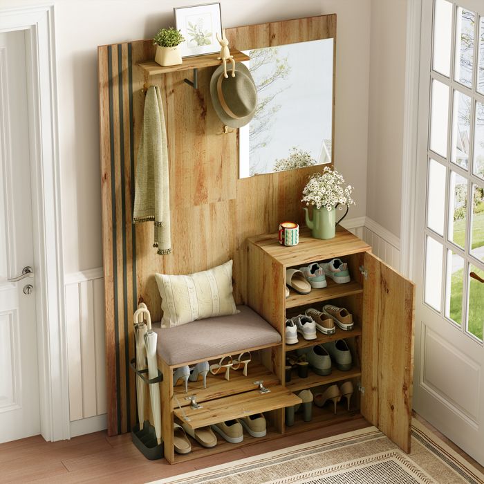 LPOSPI Meuble d’entrée - armoire avec miroir banc porte-manteaux porte-parapluie inclus naturel 115x185x37 cm