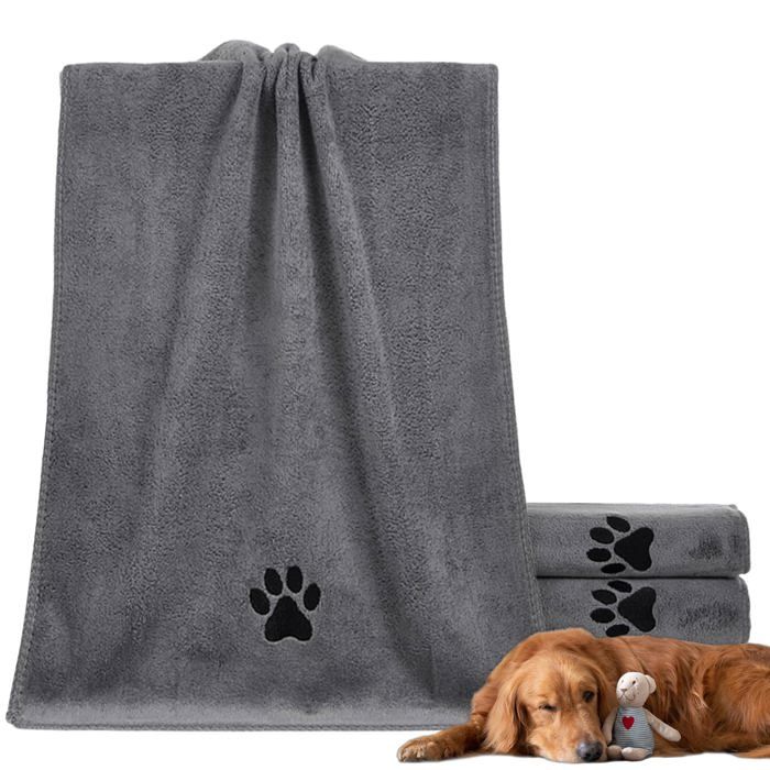 Serviette microfibre chien - Lot 2 - 100x50cm gris séchage rapide - Pour chien chat animal VoltPulse