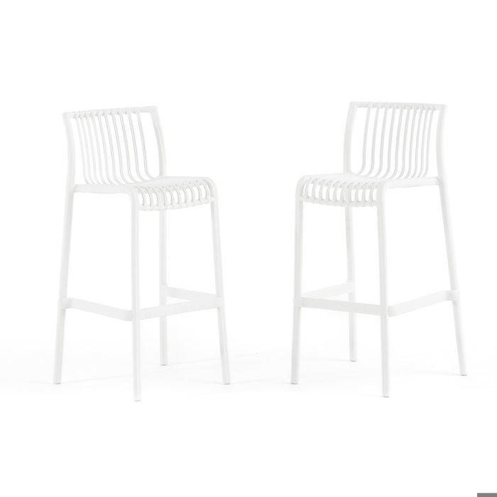 Lot de 2 tabourets hauts d’extérieur empilables en polypropylène légers design bamboo pour bar terrasse jardin Olimpia XL - Blanc