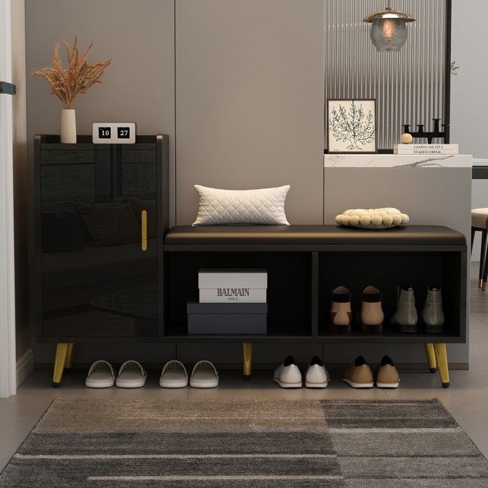 Meuble à chaussures noir laqué brillant 120x35x71 5cm siège rembourré étagères rangement entrée couloir Meuble à chaussures noir laqué brillant 120x35x71 5cm siège rembourré étagères rangement entrée couloir
