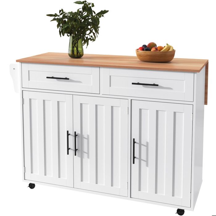 Îlot central de cuisine – Chariot de cuisine blanc et aspect bois – Tablette rabattable – 2 tiroirs – Roulettes