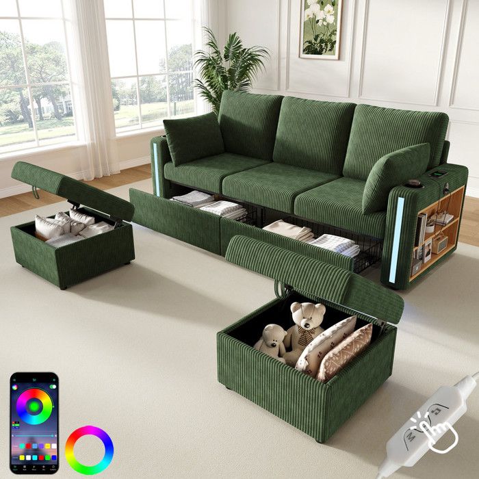 Canapé dangle modulable en U/L Canapé 3 places en velours côtelé avec LED 2 tiroirs 2 poufs 2 porte-gobelets ports USB vert