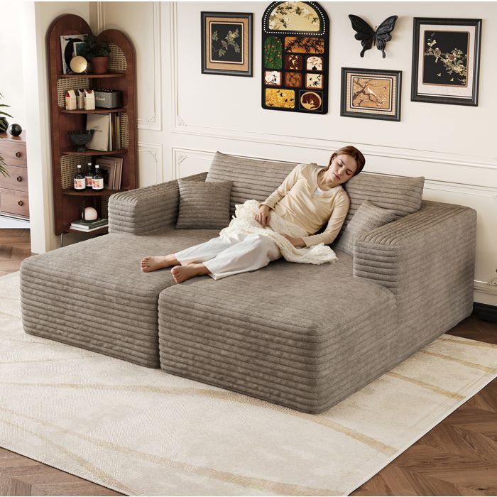 Canapé modulable convertible 2 places 180 x 151 cm avec méridienne réversible en tissu corduroy camel