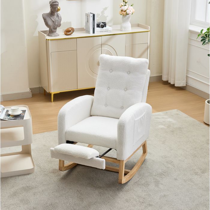 ULEVR Fauteuil à bascule en bouclé blanc repose-pieds extensible poches latérales ports USB et USB-C