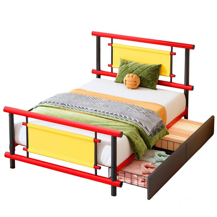 ELVORIN Lit enfant en métal avec tiroirs 90 x 200 cm structure en acier renforcé rouge sommier à lattes matelas non inclus