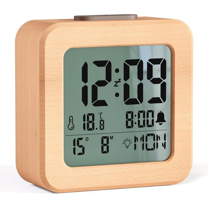 Réveil numérique bois - écran LCD rétroéclairé jaune température date 12/24H snooze 5 min 3 piles AAA 9.5 x 9.5 x 4.5 cm