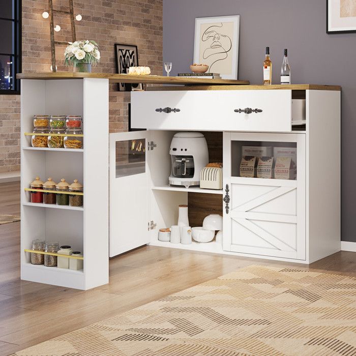 Zitty Table de Bar Extensible Pivotante 360° avec Rangement Îlot de Cuisine MDF 138-204x39x104cm Blanc