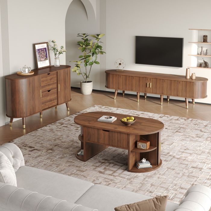Ensemble salon 3 pièces table basse relevable meuble TV buffet portes coulissantes pieds bois design vintage