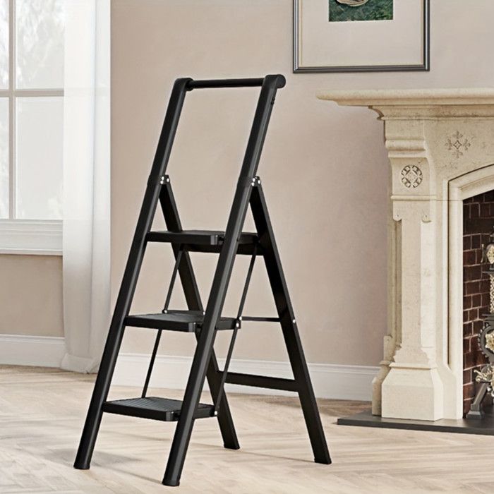 Comfyu - Escabeau 3 marches avec main courante pédales larges 20x30 cm acier – noir