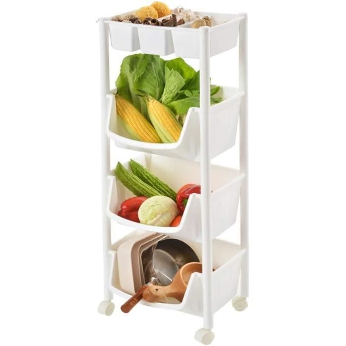KOMFOTTEU Panier à Fruits Et Légumes Mobile 3 Paniers - Chariot Cuisine Avec Roulettes Et Dessus Bois 42x31x74cm