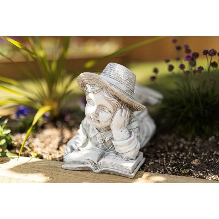 Grande Statue De Jardin En Résine Effet Pierre Représentant Un Garçon Allongé Et Lisant