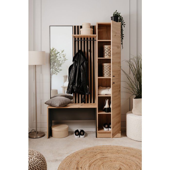 Vestiaire dentrée avec miroir banc et porte - Décor Chêne artisan et gris anthracite - L122 x P37 x H190cm - Style industriel