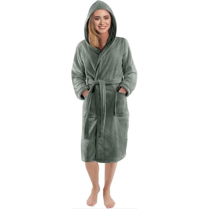 Robe De Chambre Longue En Polaire – Fermeture Éclair, 2 Poches, Taille 36 à 50, Gris