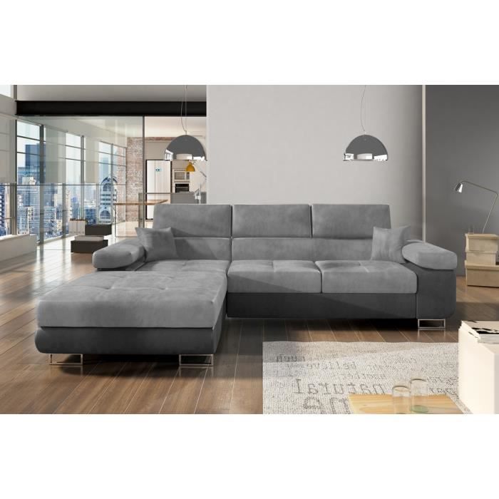 - Canapé dangle convertible ARMEL en tissu luxe 5 places gris clair / gris foncé bicolore avec coffre angle gauche (vu de