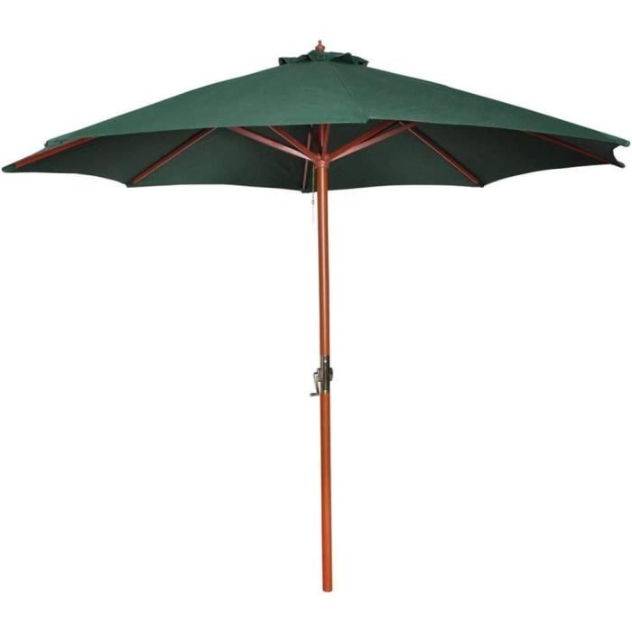 Parasol sur Pied Toile Verte & Bois, élégant Parasol extérieur