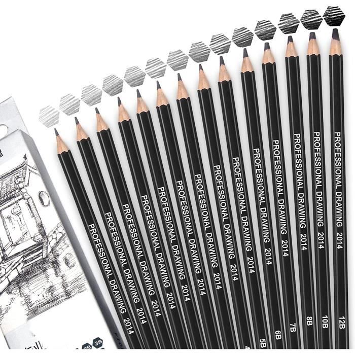 Set de 14 crayons à dessin et crayons à croquis. Crayons graphite  professionnels. 12B