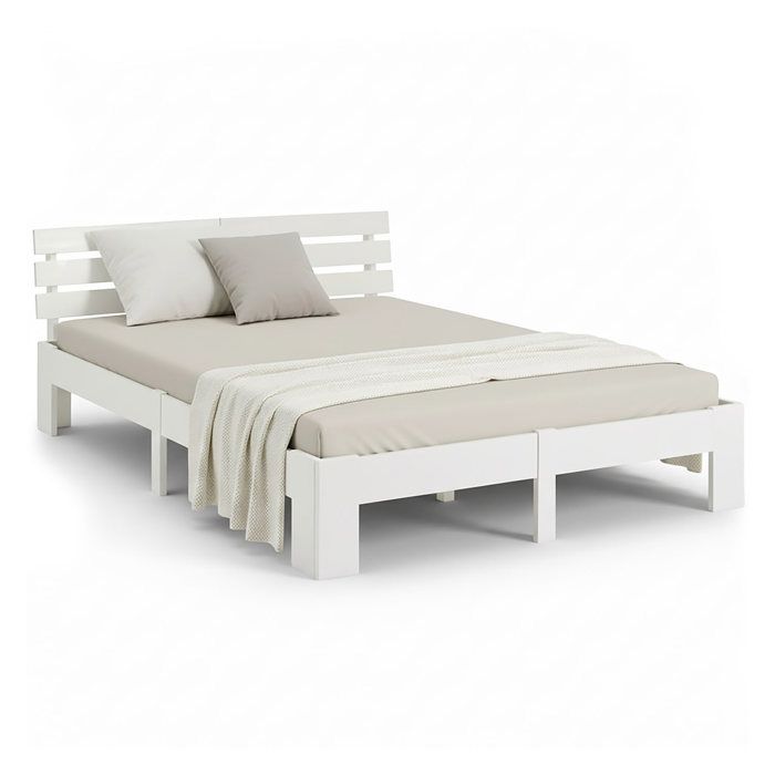 Lit en bois 180 x 200 cm blanc Lit double avec sommier à lattes en bois massif Chambre denfant dadolescent ou dinvité