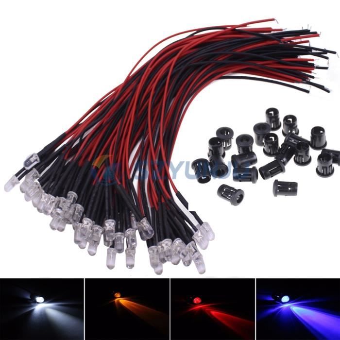 90 Diodes LED 5mm Pré-câblées 12V - 6 Couleurs (blanc, Rouge, Jaune, Vert, Bleu, Orange) - 9