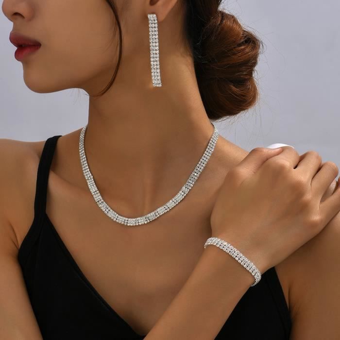 PARURE Collier pour femme 1 ensemble cadeau de luxe beau strass etincelant boucles doreilles Bracelet Kit style White 1 Achat Vente parure Collier Femme Femme