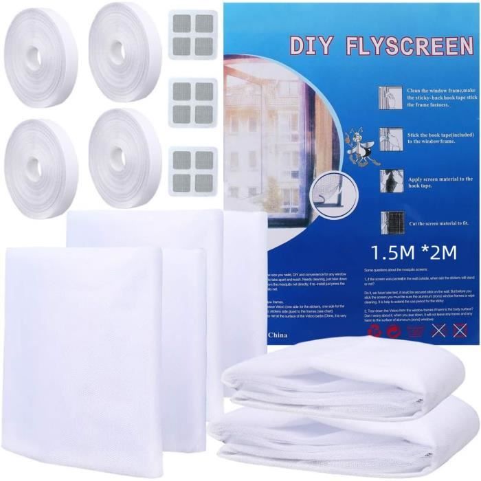 Lot de 4 moustiquaires 150 x 200cm avec 4 Auto-Rubans Adhésifs et 3Pcs Patchs de Réparation - Blanc