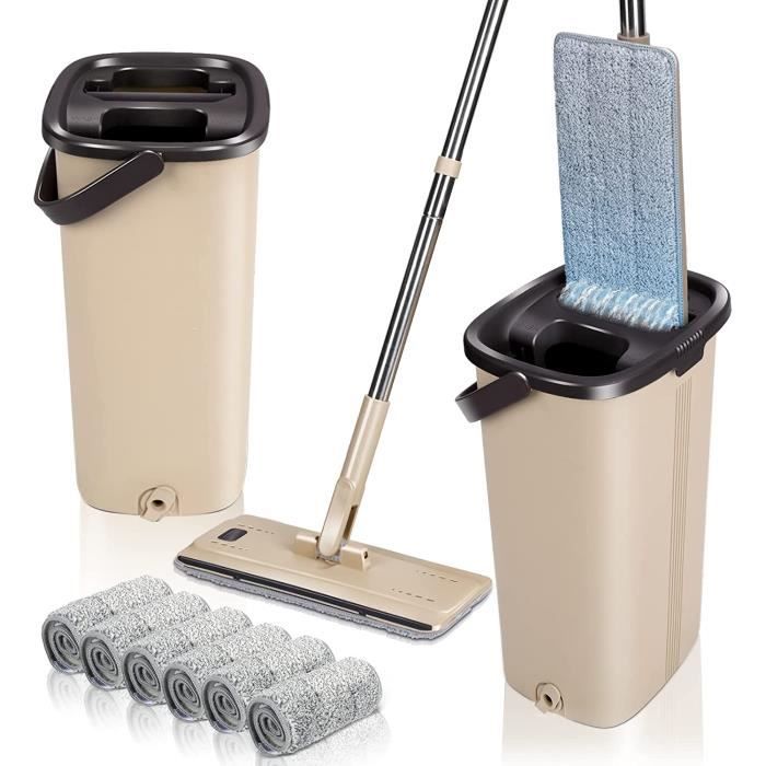 Serpillère Microfibre Avec Seau Essoreur 2 En 1 - 5 Tampons Lavables - Manche Réglable Acier - Nettoyage Humide/sec