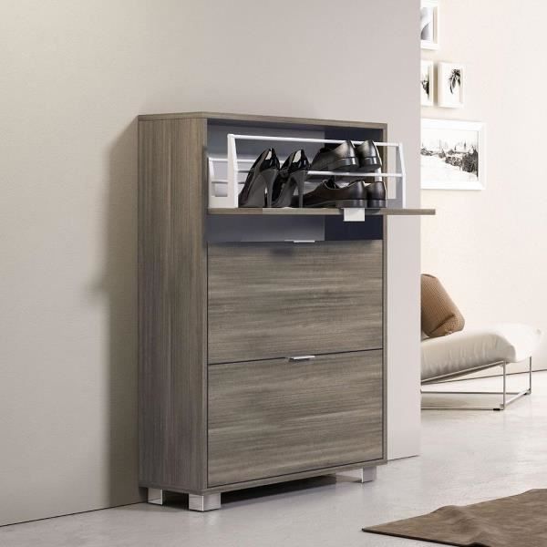 Armoire à chaussures moderne avec 3 portes battantes avec pieds et poignée chromés eucalyptus