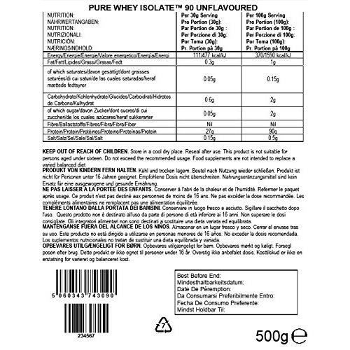 BULK POWDERS Pure Whey Isolat 90, Protéine, Nature, 500 g - BPB-WPI9-0000-0500