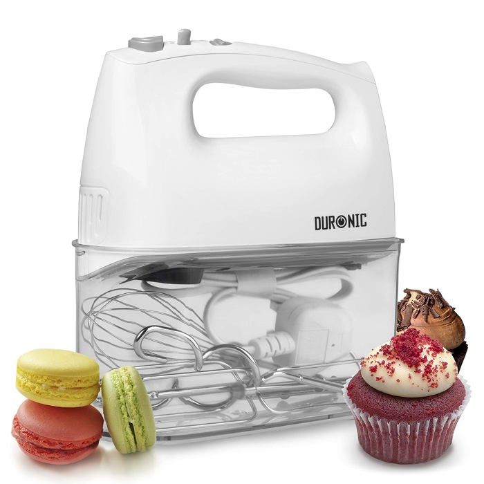 Duronic HM4 WE Batteur électrique cuisine à main 400W 5 vitesses avec fonction Turbo Compartiment de rangement 2 batteurs 2