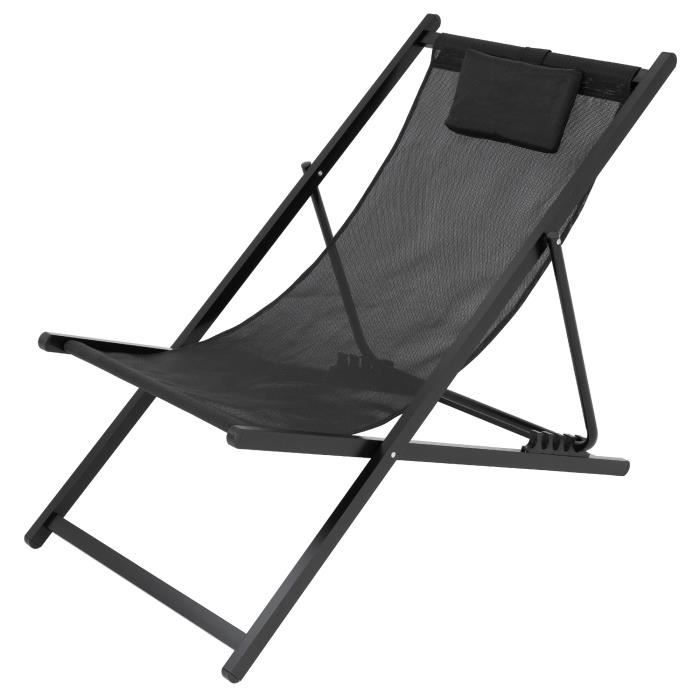 ecd germany chaise longue pliante en aluminium, noir, chilienne de plage avec coussin, dossier réglable en 4 sens, robuste