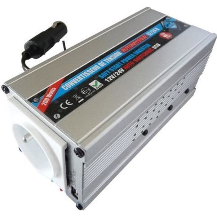 Convertisseur 12V / 24V automatique vers 220V- HTC TECHNIC - 200W - Prise USB-A - 0.5A