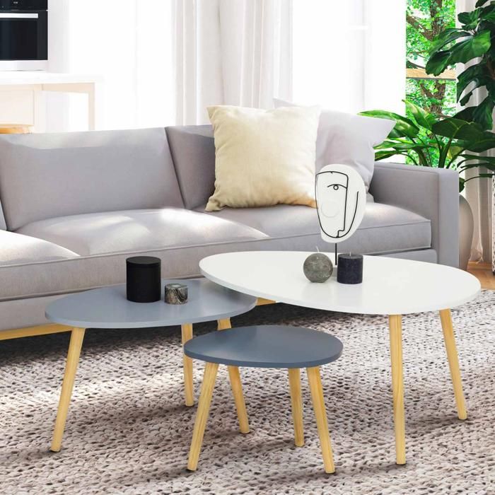 IDMARKET Lot de 3 tables basses gigognes GAIA laquées blanc gris ...