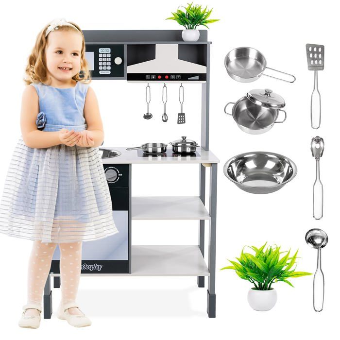 Kinderplay Cuisine Enfant Home Kitchen – 42 Accessoires, Eau, Vapeur, Lumières, Sons, Réfrigérateur, Tableau Noir