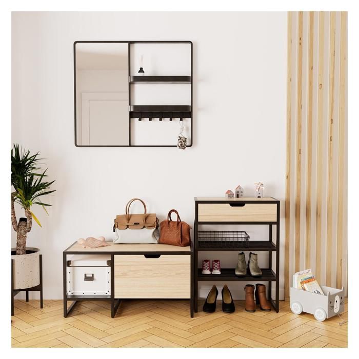 Ensemble meubles dentrée banc console et miroir bois et métal Ensemble meubles dentrée banc console et miroir bois et métal