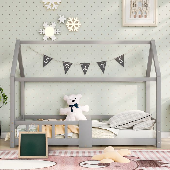 Lit cabane enfant 90x200 cm en bois massif avec grille de protection un tableau noir gris Lit cabane enfant 90x200 cm en bois massif avec grille de protection un tableau noir gris