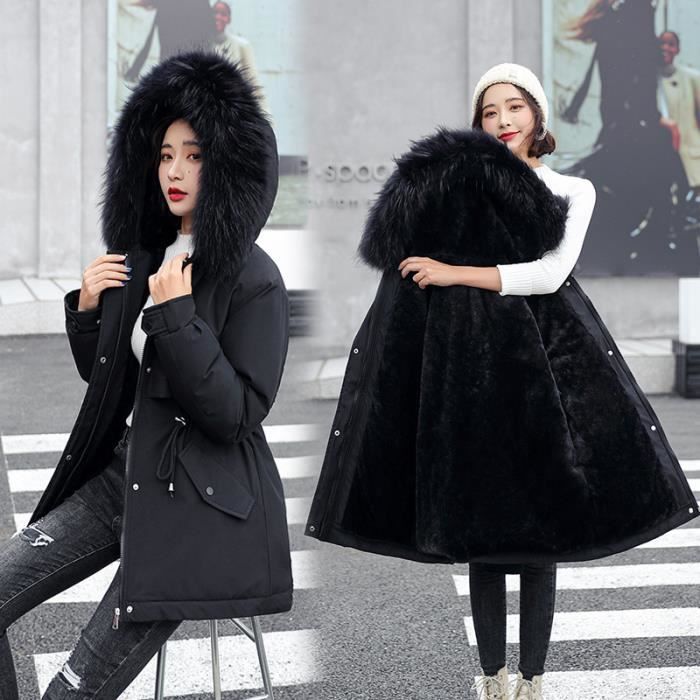 Manteau Femme Hiver Couleur pure Faux Fourrure Trim Garder chaud Plus velours avec Poches Noir GOGUQ Noir Cdiscount Pret a Porter