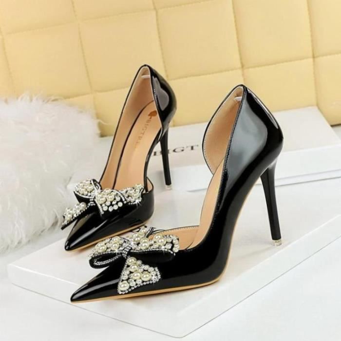 Escarpin Femme Noir TaloWT hauts minces Perles Strass Bow unique Synthetique