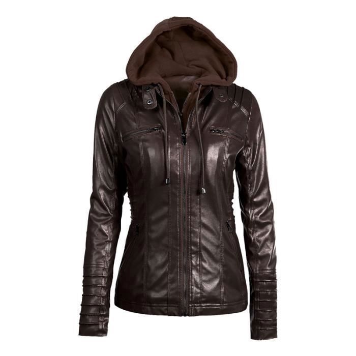 Blouson en cuir PU femme Capuche amovible Revers Blouson en cuir decontractee Blouson en cuir Couleur unie Style europeen et Brown fonce Cdiscount Pret a Porter