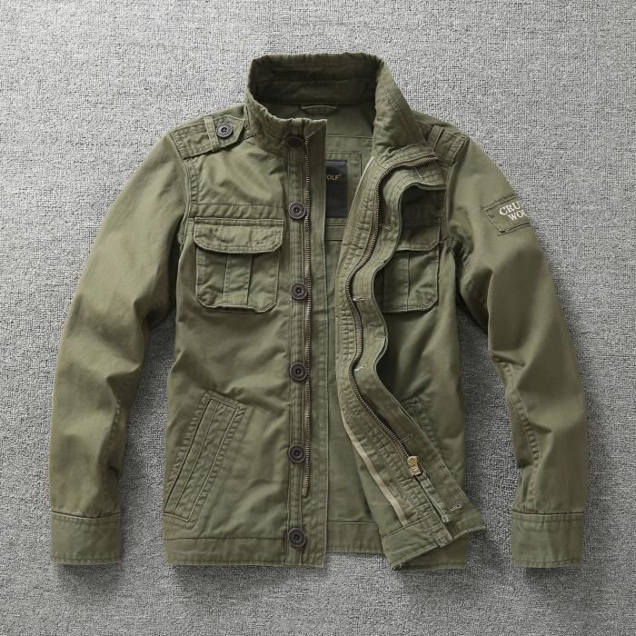 Vintage Veste Militaire Homme Col Officier Manteau Style Militaire