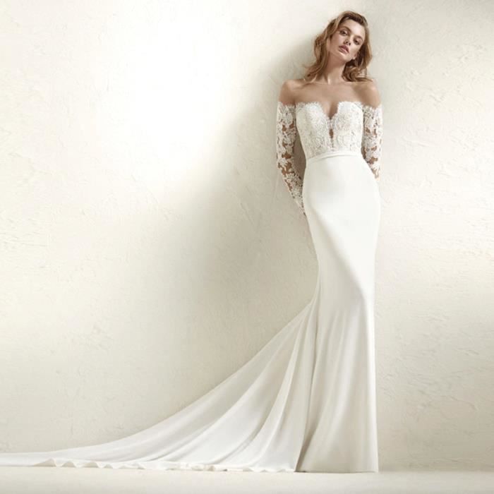 Elegant Sirene Hors De L Epaule Manches Longues Blanc Dentelle Robes De Mariage Avec Appliques Robe De Mariee Blanc Achat Vente Robe De Mariee Cdiscount