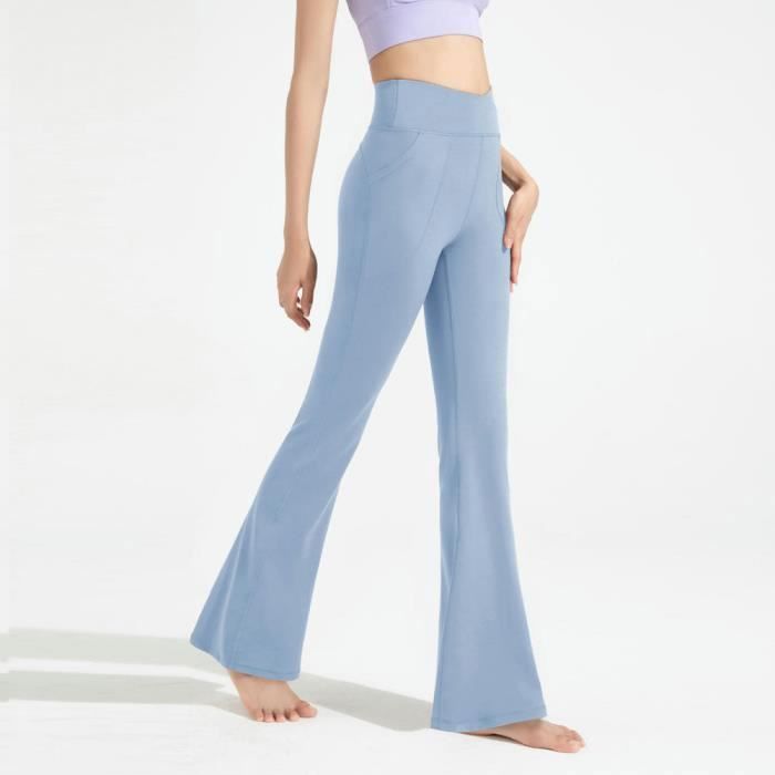 Pantalon De Yoga Femme Baggy Bootcut - Coupe Ajustée, Avec Poche Croisée, En Coton, Noir Et Bleu Clair, Style Décontracté - 4