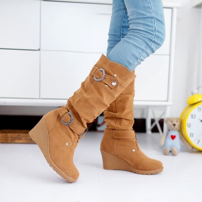 Chaussures plates d hiver pour femmes a bout rond epaissir compensees pour dames bottes a tube long LQT201111602BW39 Marron Cdiscount Chaussures